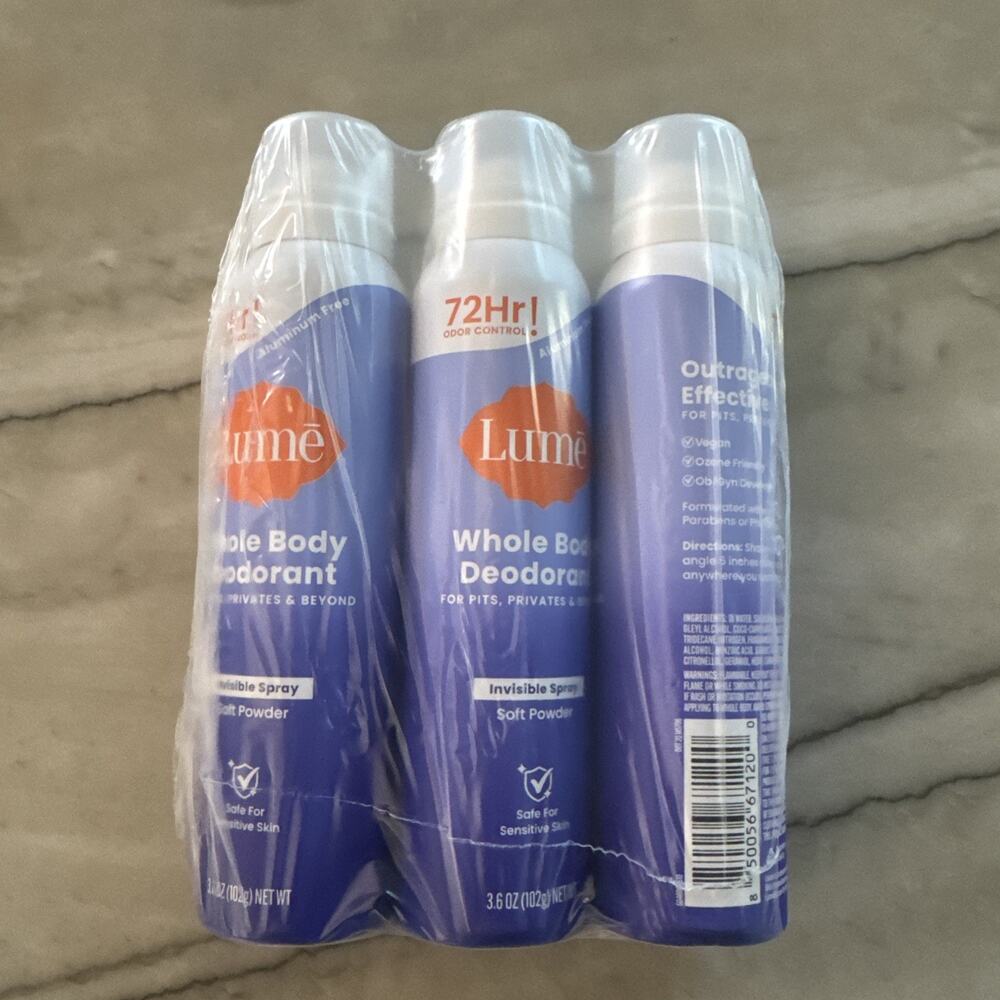 3 Pack Lume Whole Body Deodorant Invisible Spray Soft Powder Aluminum Free 3.6oz